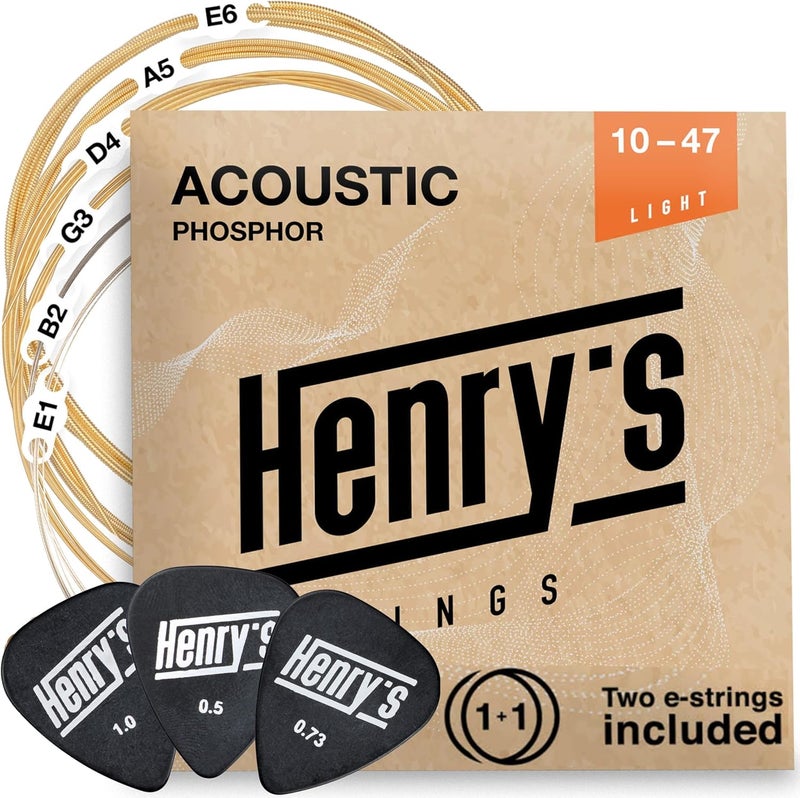 Henry's Strings Light Acoustic Guitar Strings 10-47 - Brilliant Sound & Extra E1 String & 3xGuitar Picks - Phosphor Bronze Guitar Strings Acoustic - Acoustic Guitar Strings 6 String Set - Image 1